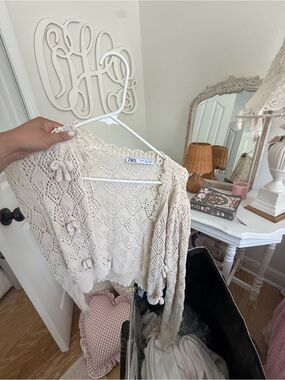 ZARA Cream Openwork Knit Cardigan with Toggle Details